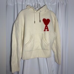 AMI DE COEUR ALEXANDRE MATTIUSSI Cream Wool Hoodie Sweater w/Red Heart Sz Small